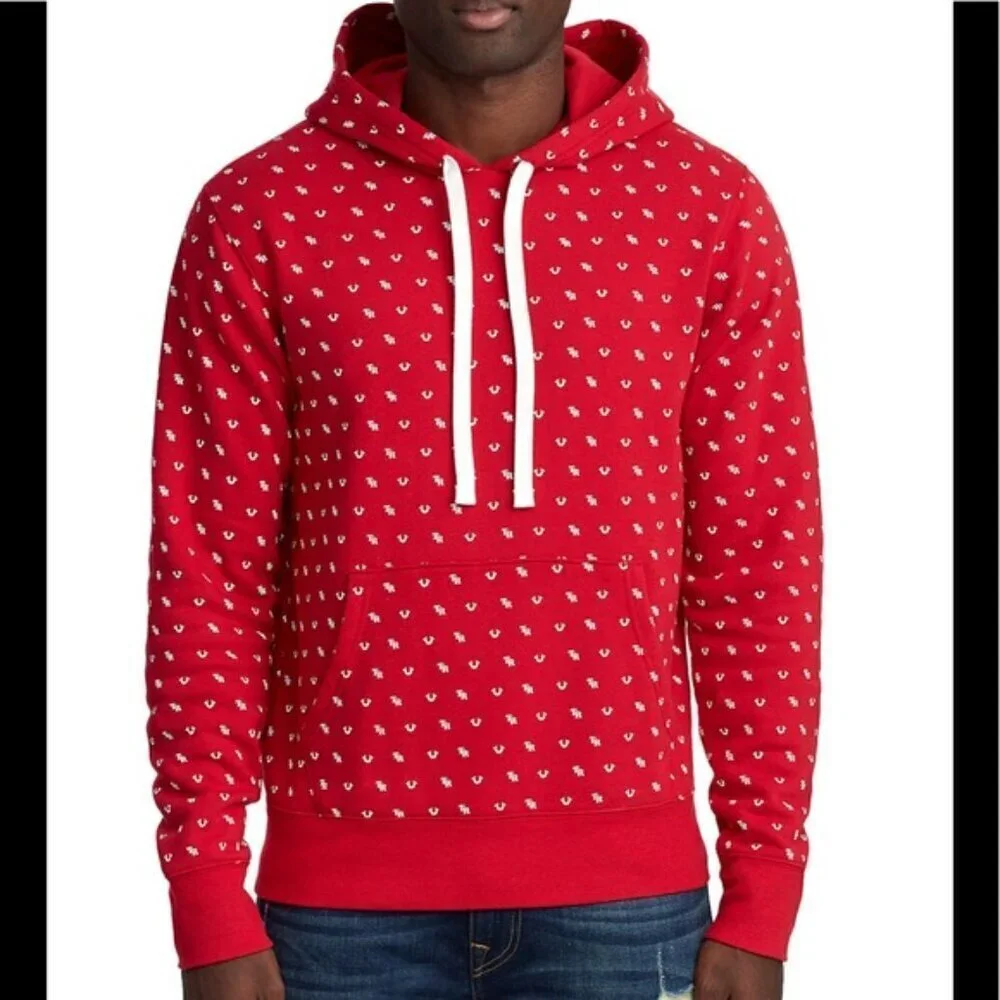 TRUE RELIGION Men's Red White Monogram TR Pullover Hoodie Sweater Size Large